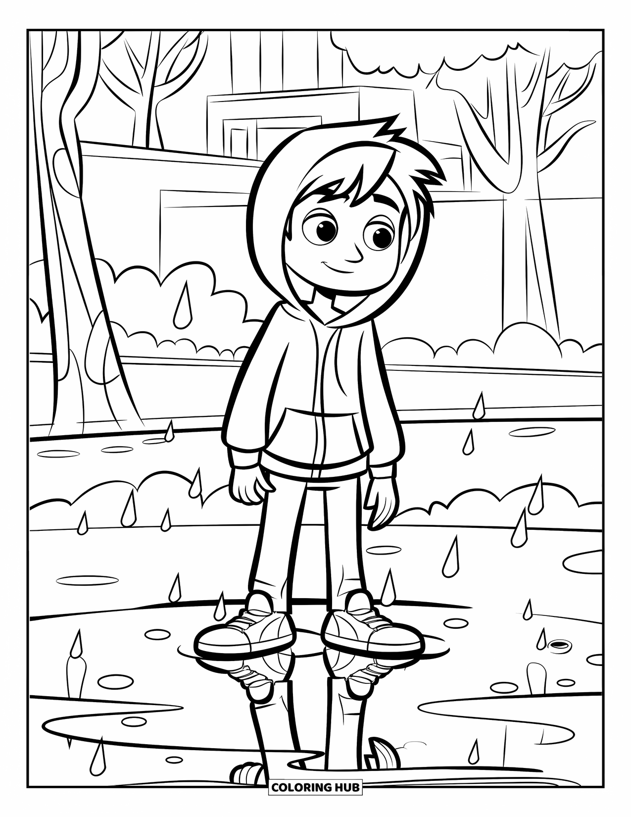 April Showers Coloring Page for Kids: Teen boy in sneakers near a rainy puddle