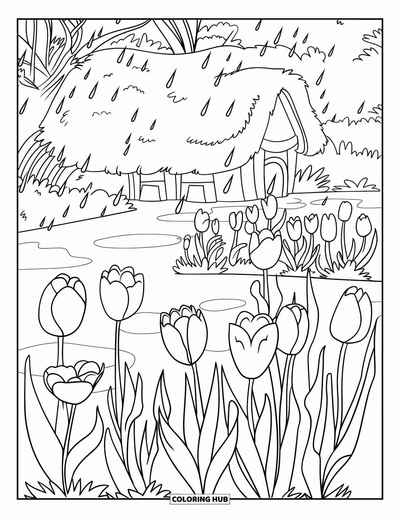April Showers Coloring Page for Kids: Tulip garden near cottage with glistening rain