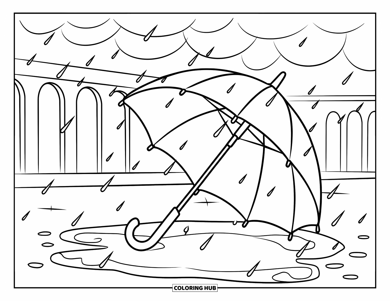 April Showers Coloring Page for Kids: Umbrella beside puddle reflecting cloudy sky