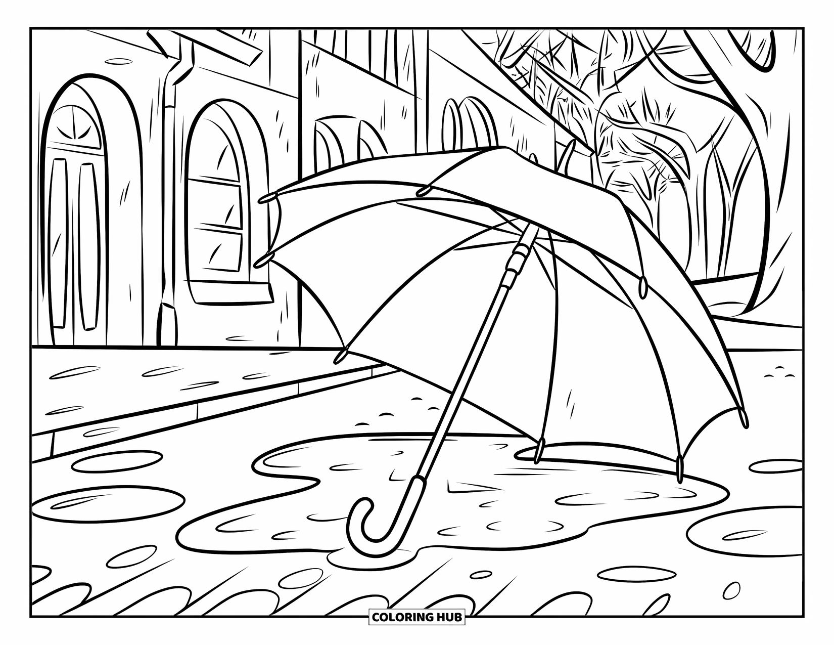 April Showers Coloring Page for Kids: Umbrella by cobblestone path with raindrops falling