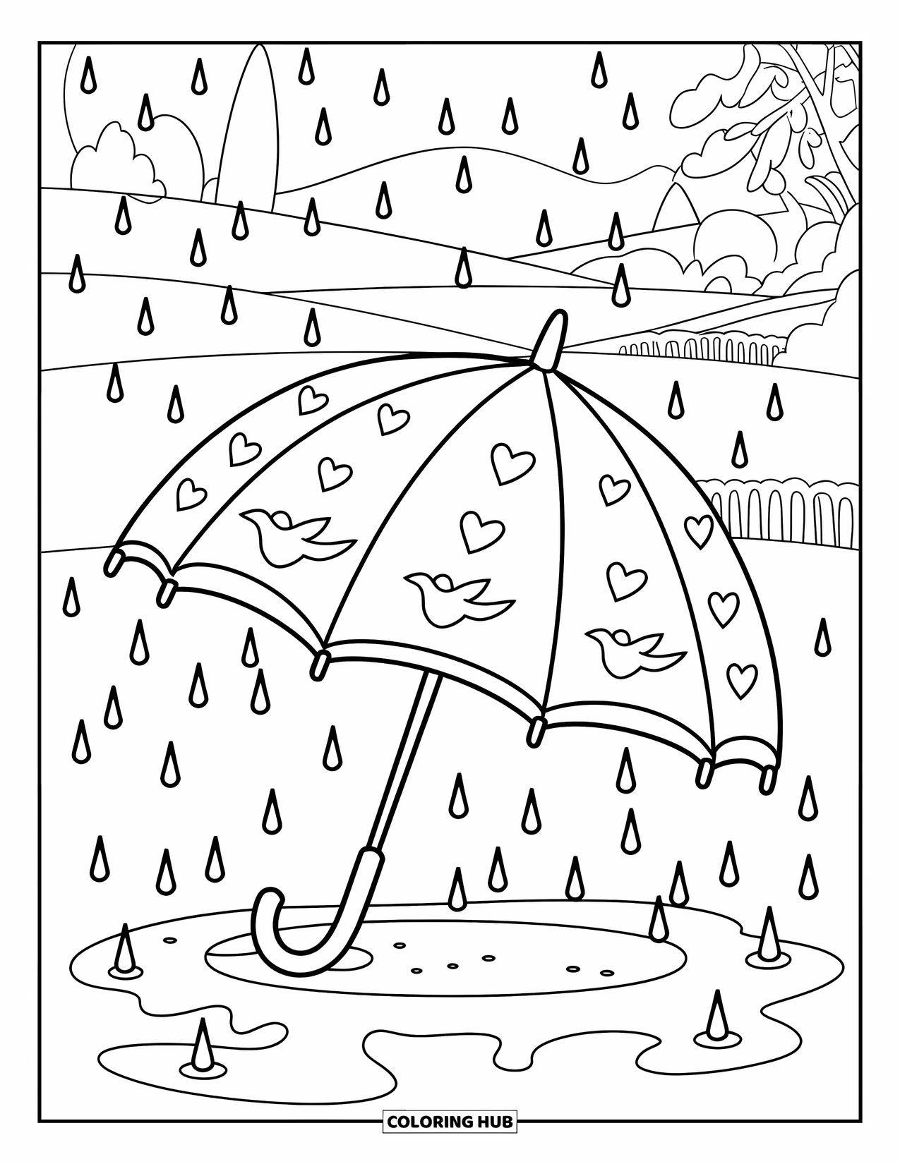 April Showers Coloring Page for Kids: Umbrella with heart pattern splashing in puddle