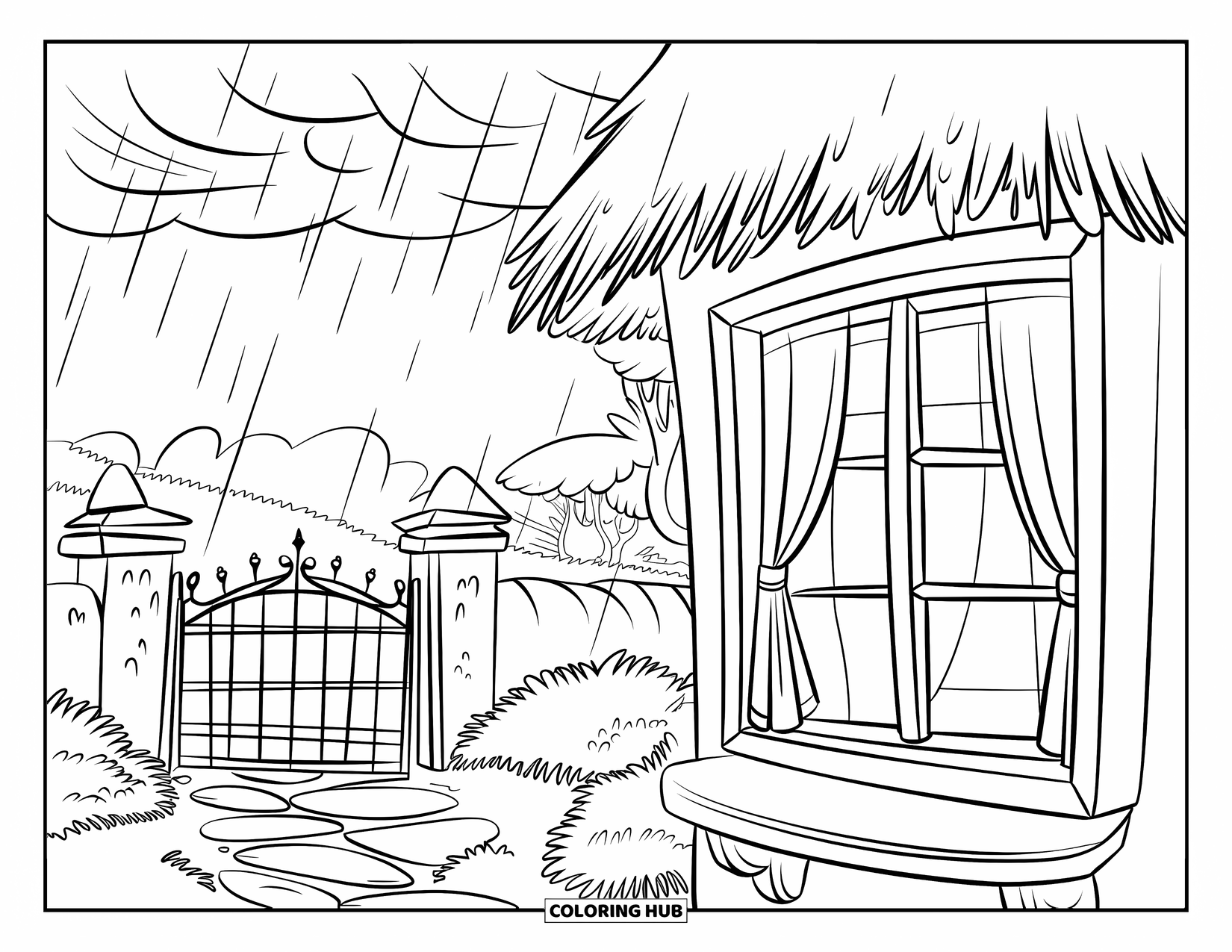 April Showers Coloring Page for Kids: Window with curtain, path, and April showers