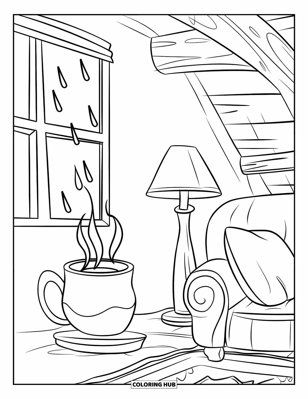 April Showers Coloring Page for Kids: Window with rain, steaming mug, and cozy room