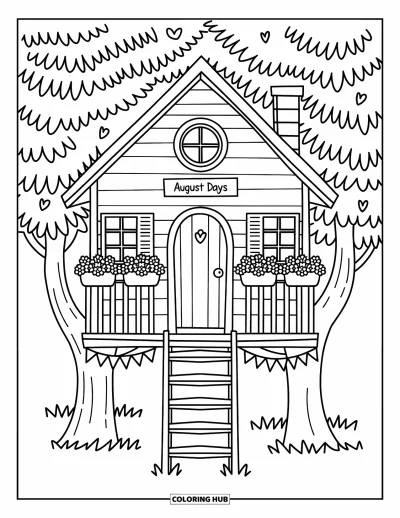 August Coloring Page for Adults: "August Days" sign on a treehouse with bunting and plants