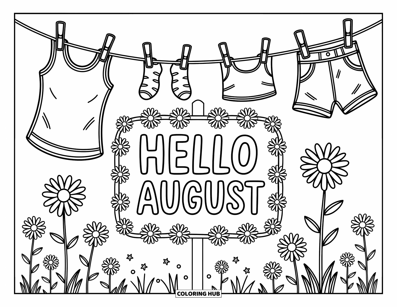 August Coloring Page for Adults: Backyard breeze moves socks and shirts near a playful "Hello August" board