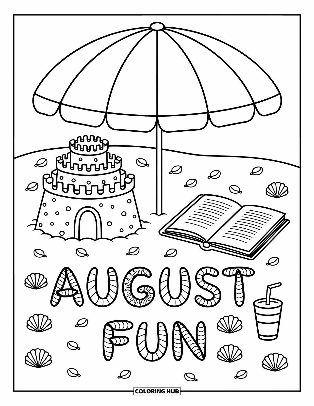 August Coloring Page for Adults: Beach umbrella shades a book beside a sandcastle and "August Fun"