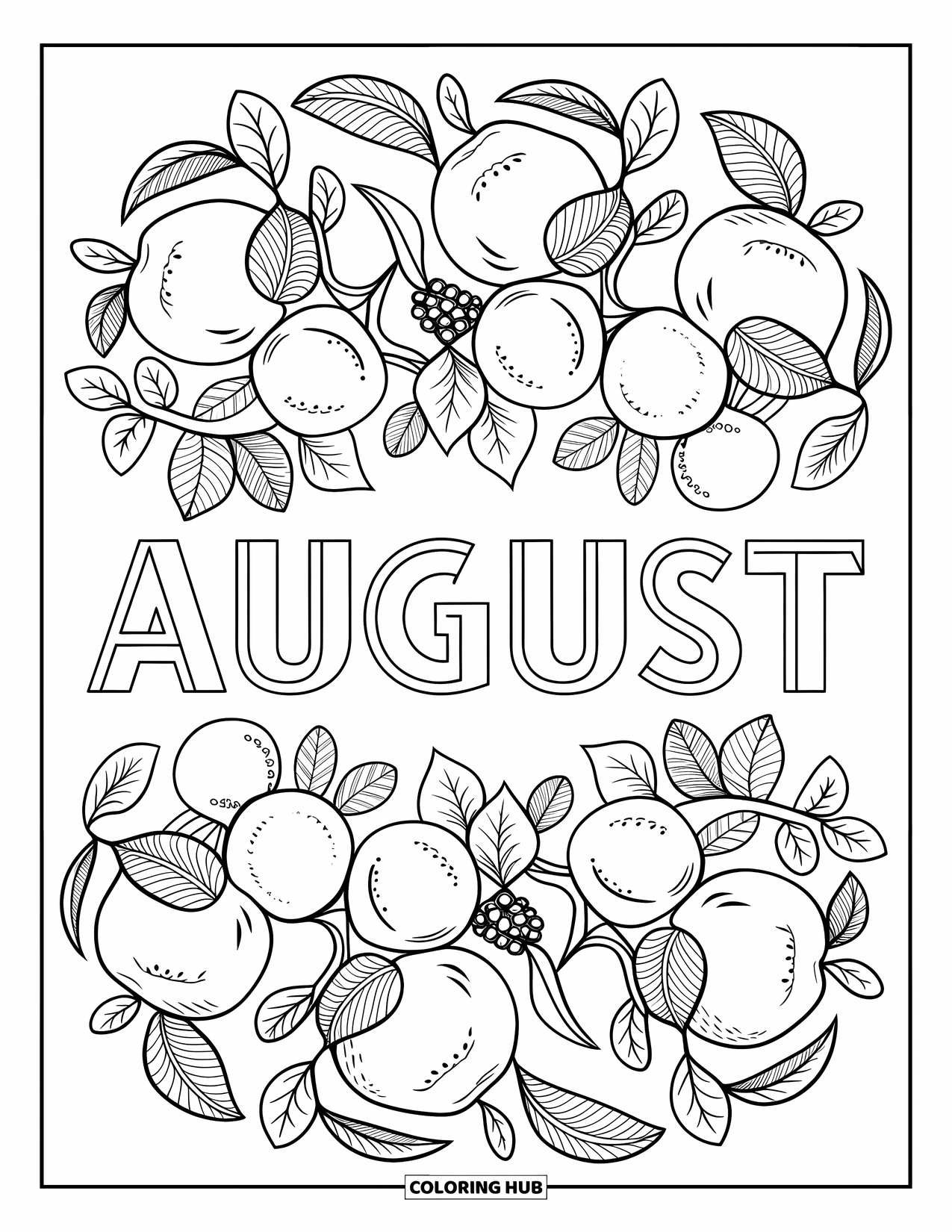 August Coloring Page for Adults: Circular fruit mandala highlights the word "August"