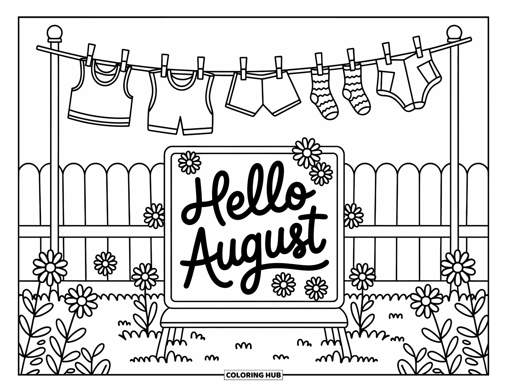 August Coloring Page for Adults: Clothesline with tank tops and socks above a "Hello August" pinboard