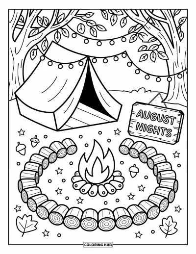 August Coloring Page for Adults: Cozy tent scene with marshmallows, fairy lights, and "August Nights" sign