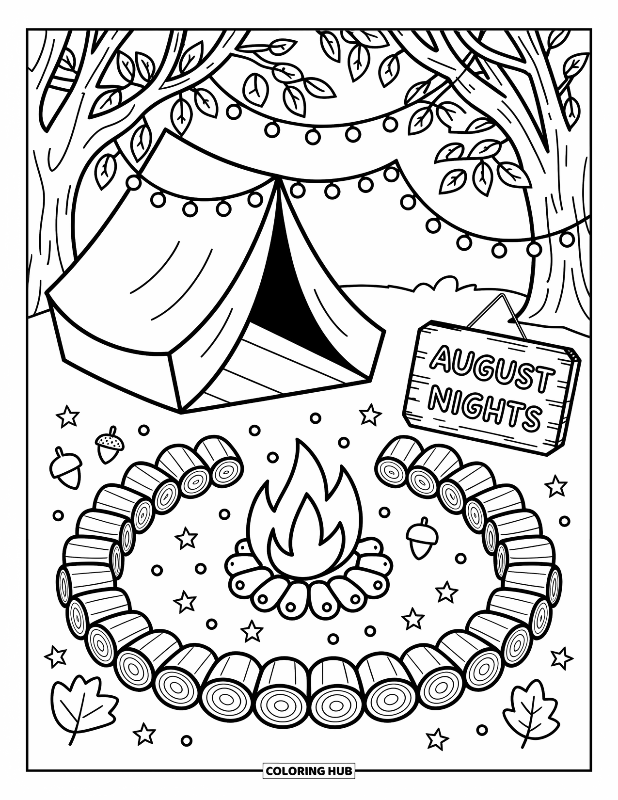 August Coloring Page for Adults: Cozy tent scene with marshmallows, fairy lights, and "August Nights" sign