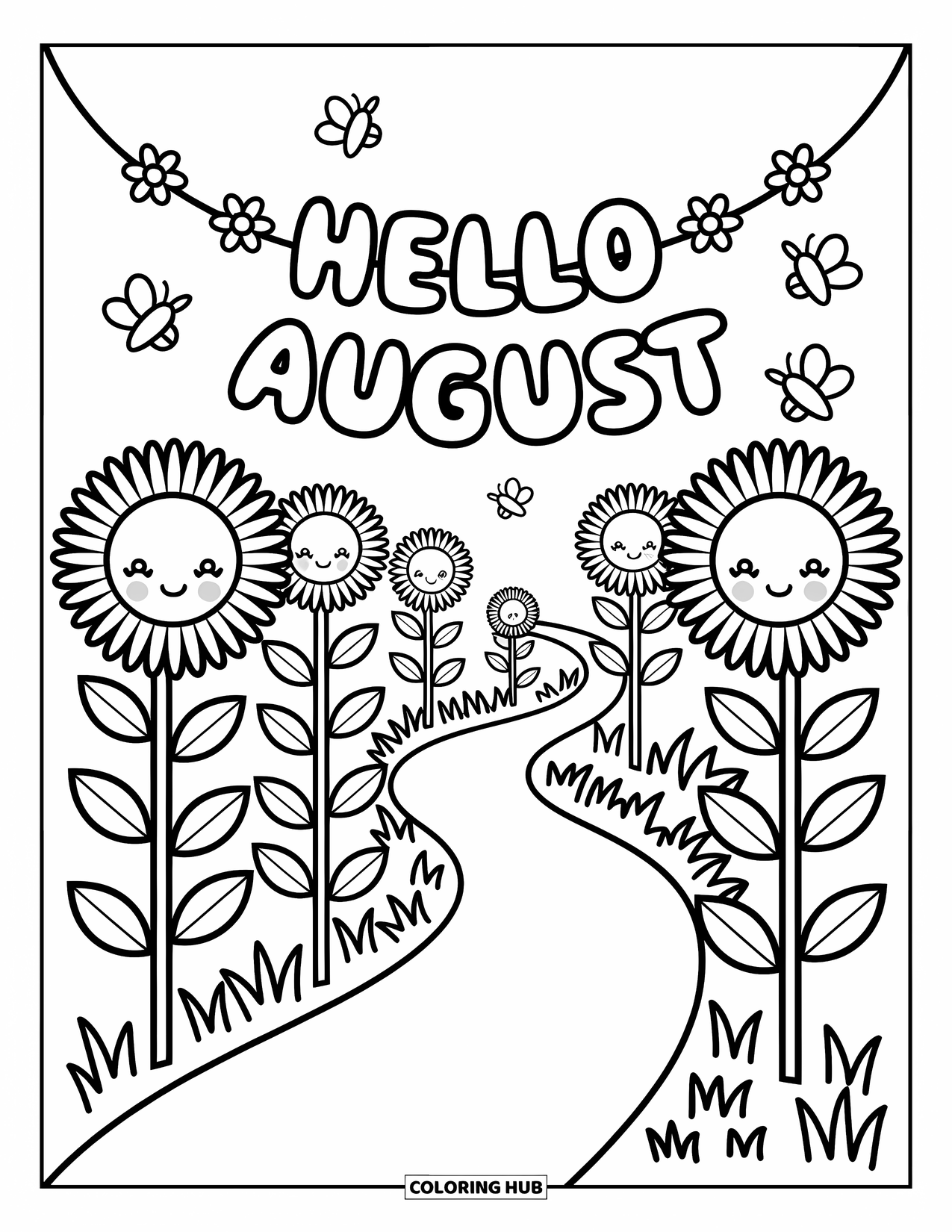 August Coloring Page for Adults: Curvy path through sunflowers with bees and "Hello August" sign