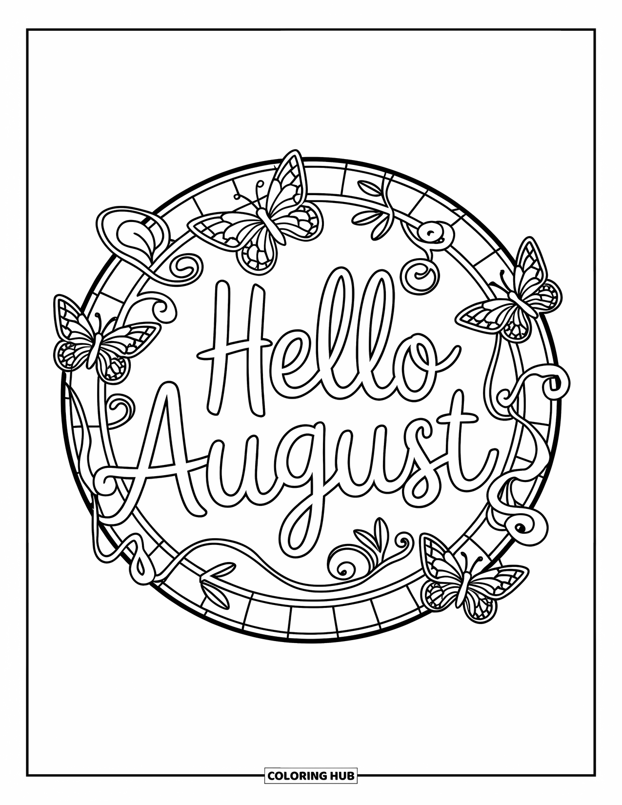 August Coloring Page for Adults: Decorative vines and butterflies frame a stained glass "Hello August"