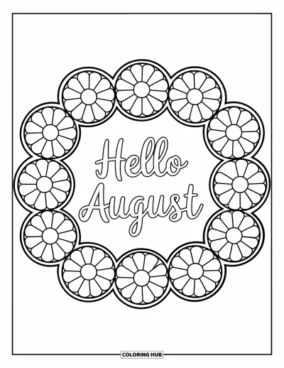 August Coloring Page for Adults: Floral-shaped glass panes frame a cheerful "Hello August"