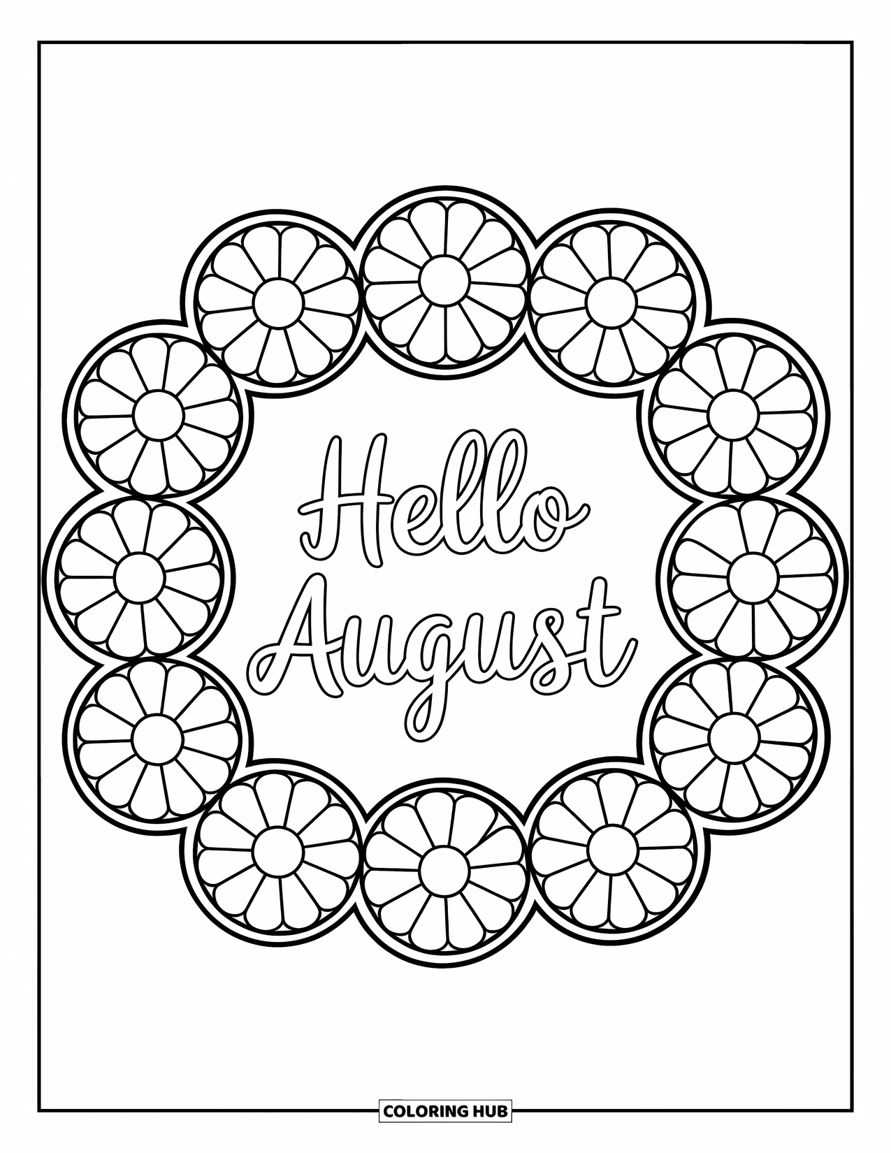 August Coloring Page for Adults: Floral-shaped glass panes frame a cheerful "Hello August"