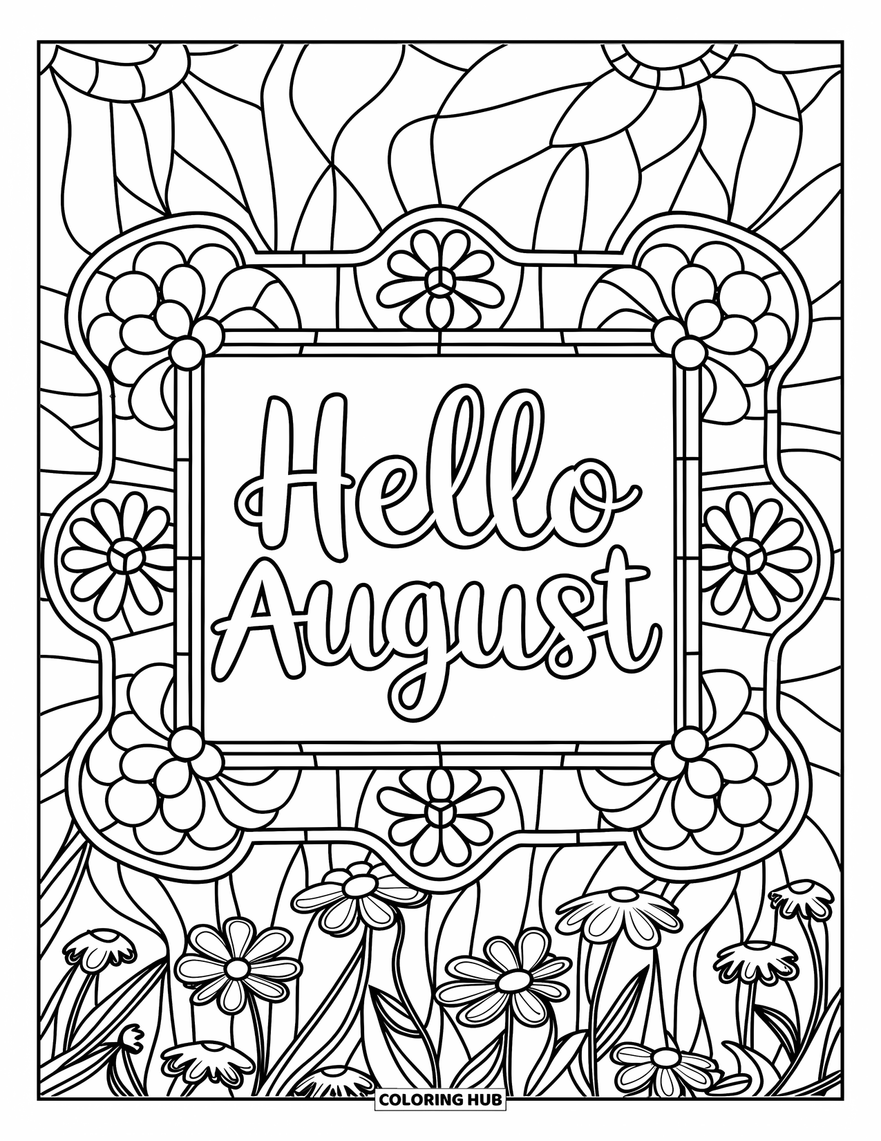 August Coloring Page for Adults: Flower-petal glass panels create a border for "Hello August"