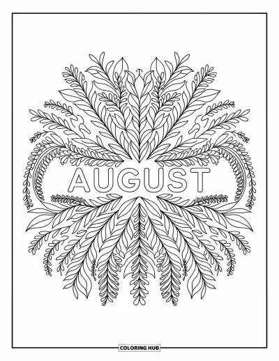 August Coloring Page for Adults: Garden herbs and vines create a circular mandala around "August"