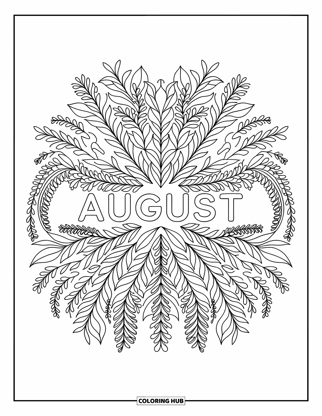 August Coloring Page for Adults: Garden herbs and vines create a circular mandala around "August"