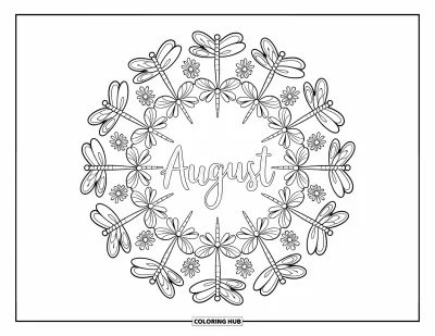 August Coloring Page for Adults: Mandala of wildflowers and dragonflies circles the word "August"