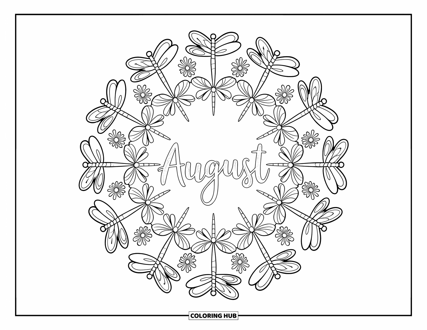 August Coloring Page for Adults: Mandala of wildflowers and dragonflies circles the word "August"