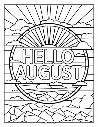 August Coloring Page for Adults: Mountain peaks and sun rays frame a bold "Hello August"