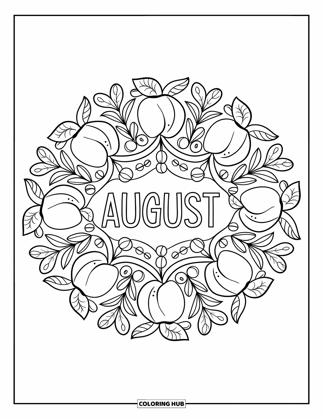 August Coloring Page for Adults: Peaches, berries, and leaves form a mandala around "August"