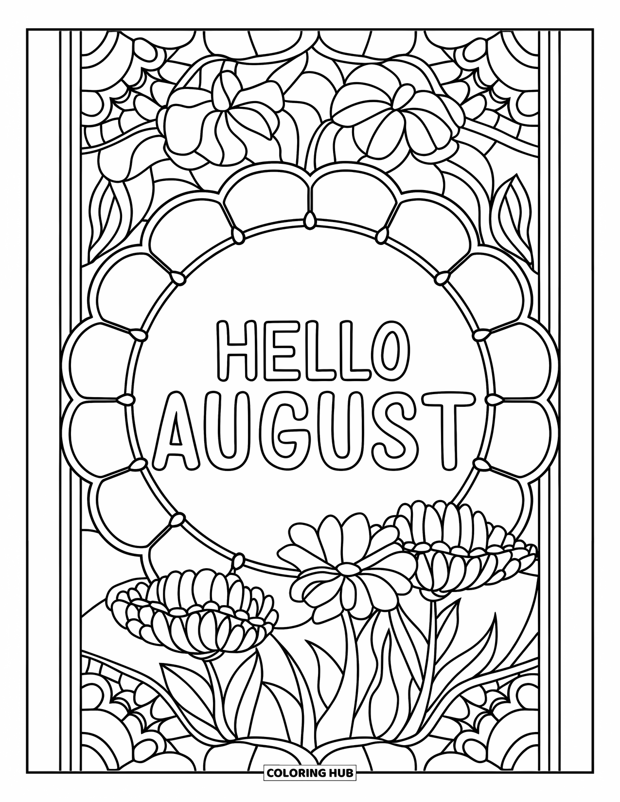 August Coloring Page for Adults: Petal-shaped stained glass surrounds "Hello August"