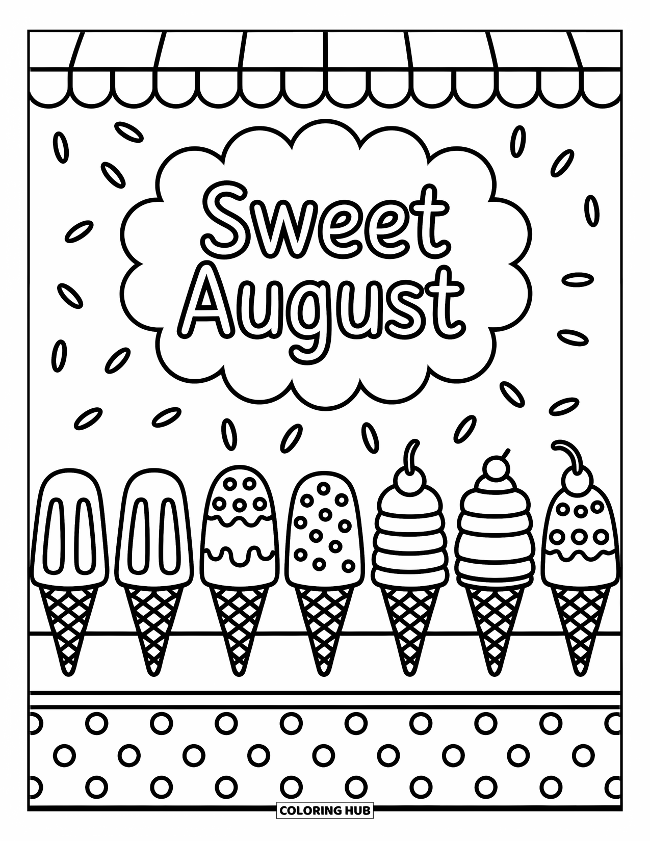 August Coloring Page for Adults: Playful ice cream cones under a "Sweet August" scalloped sign