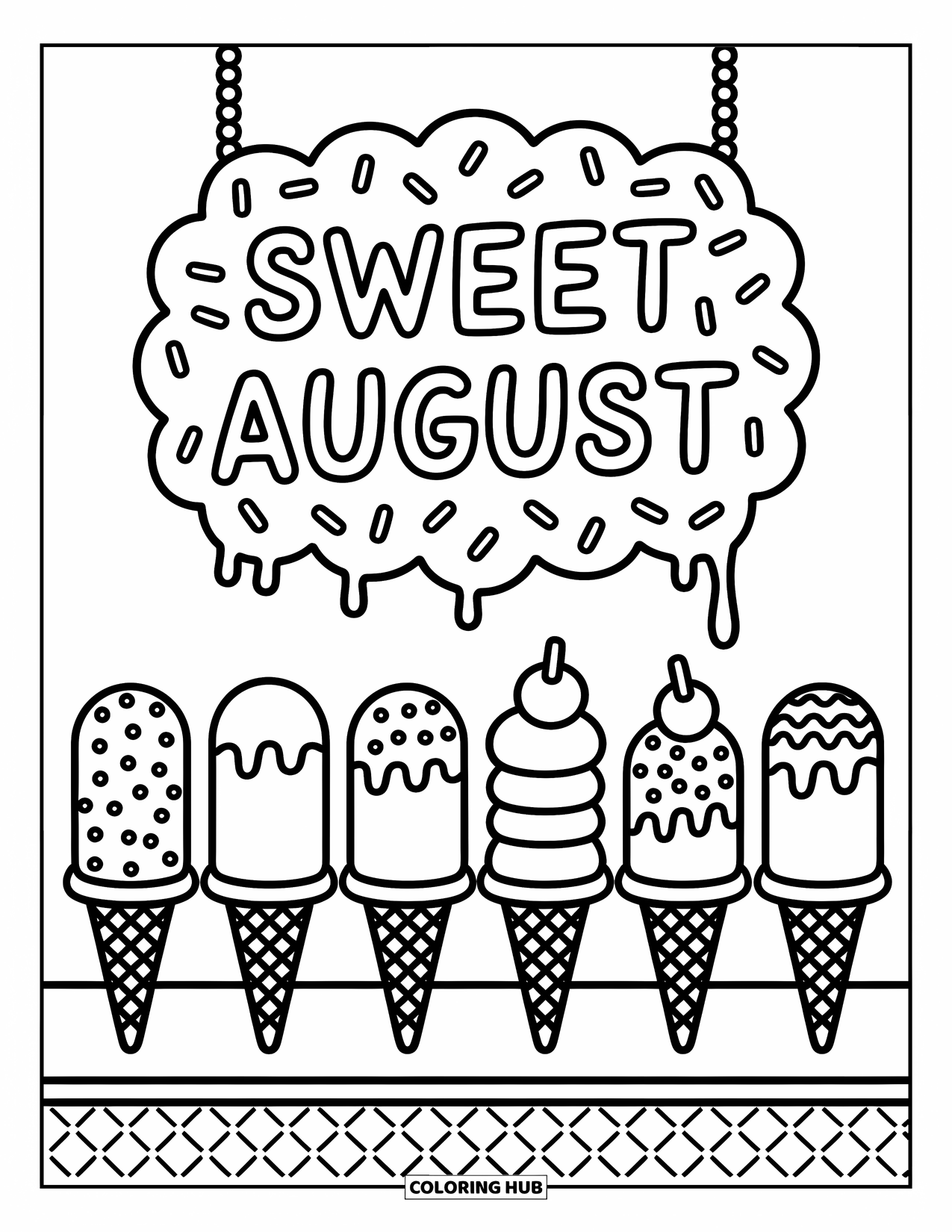 August Coloring Page for Adults: Popsicles and cones sit on a polka-dot counter with "Sweet August" sign