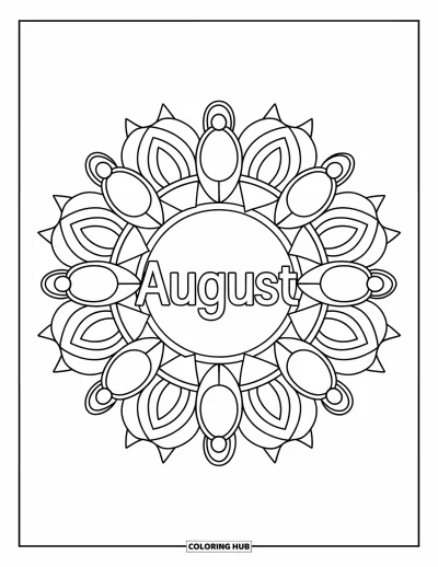 August Coloring Page for Adults: Sunflower-inspired mandala with "August" in the middle