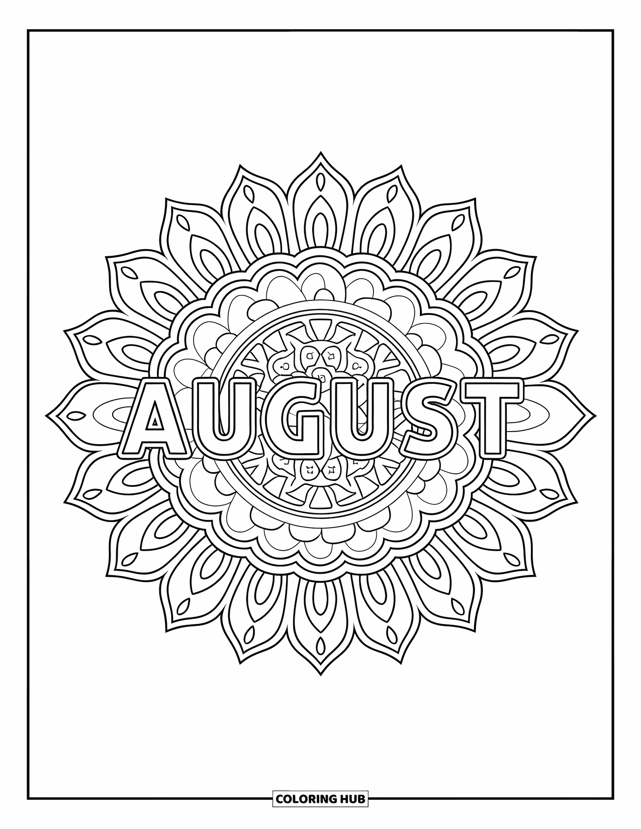 August Coloring Page for Adults: Sunflower petals and shapes create a mandala with "August" in the center