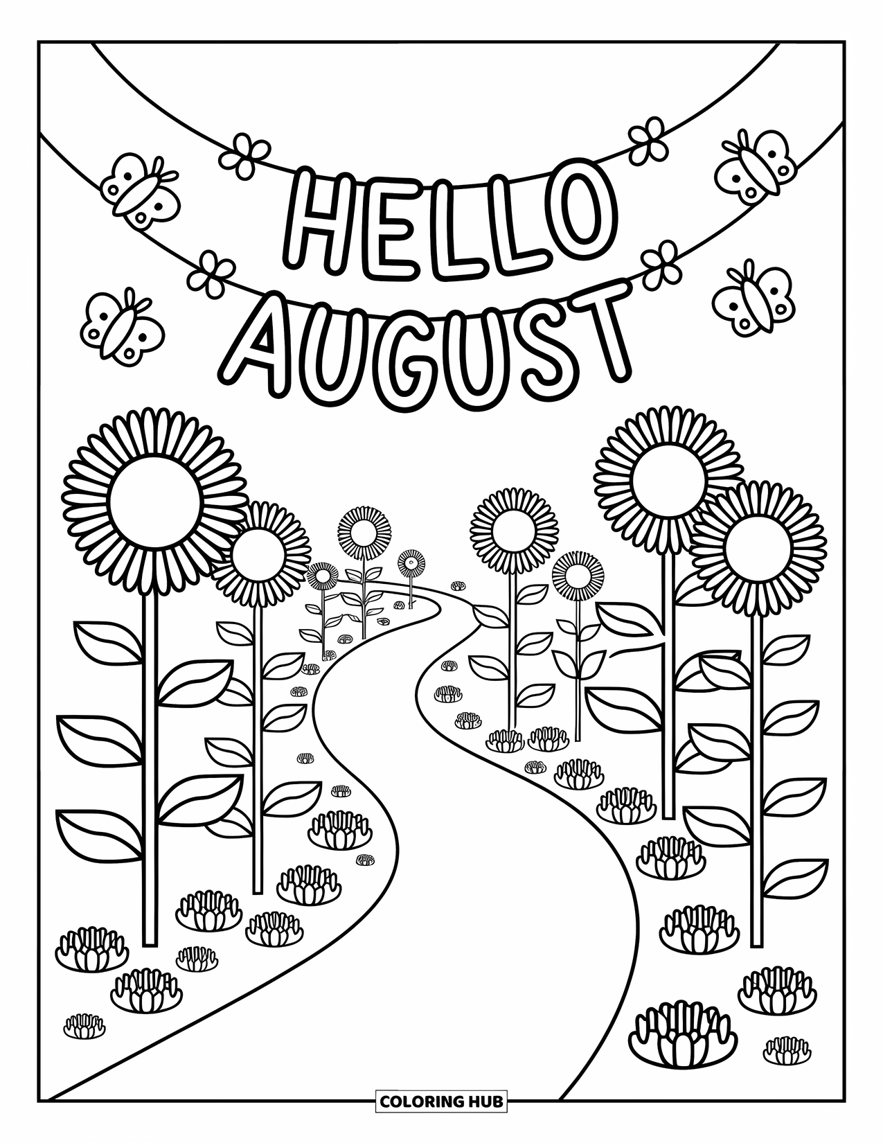 August Coloring Page for Adults: Sunflowers and butterflies surround a cheerful "Hello August" banner