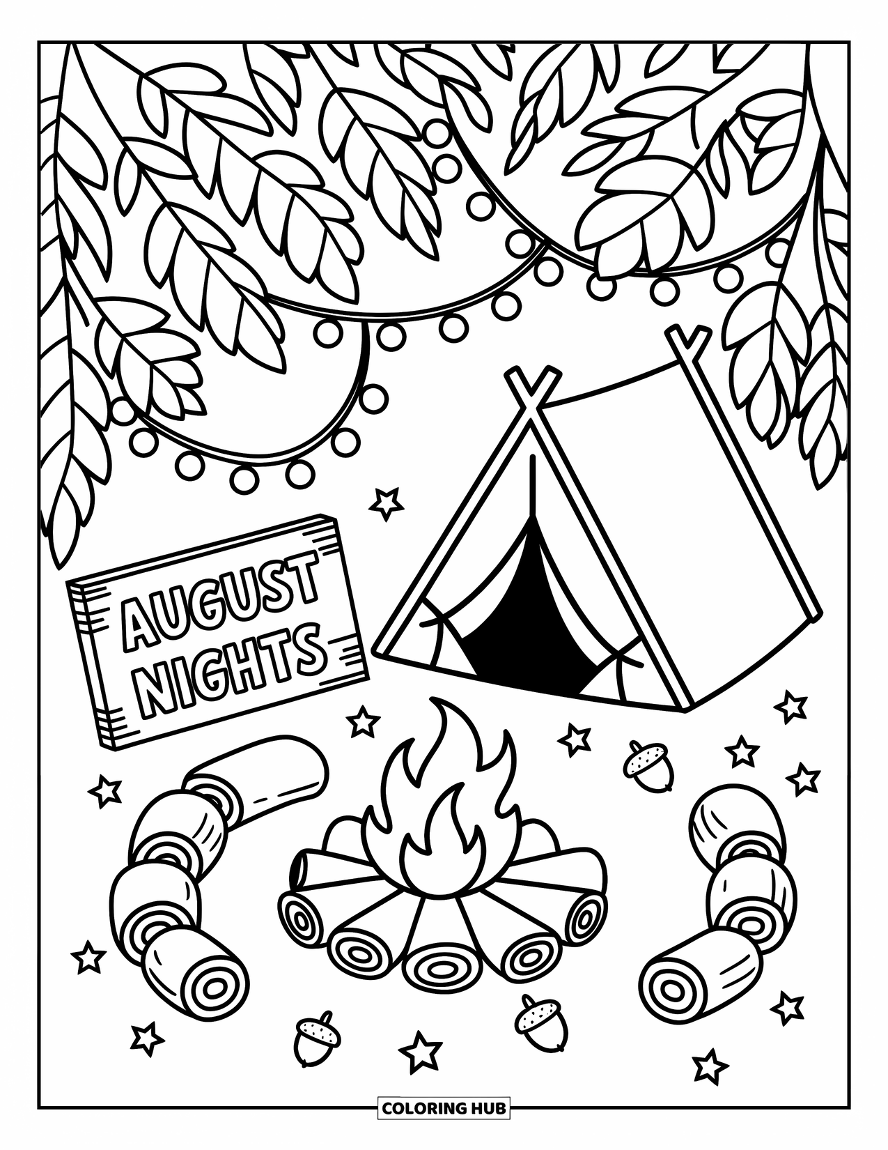 August Coloring Page for Adults: Tent under trees with fairy lights and an "August Nights" sign