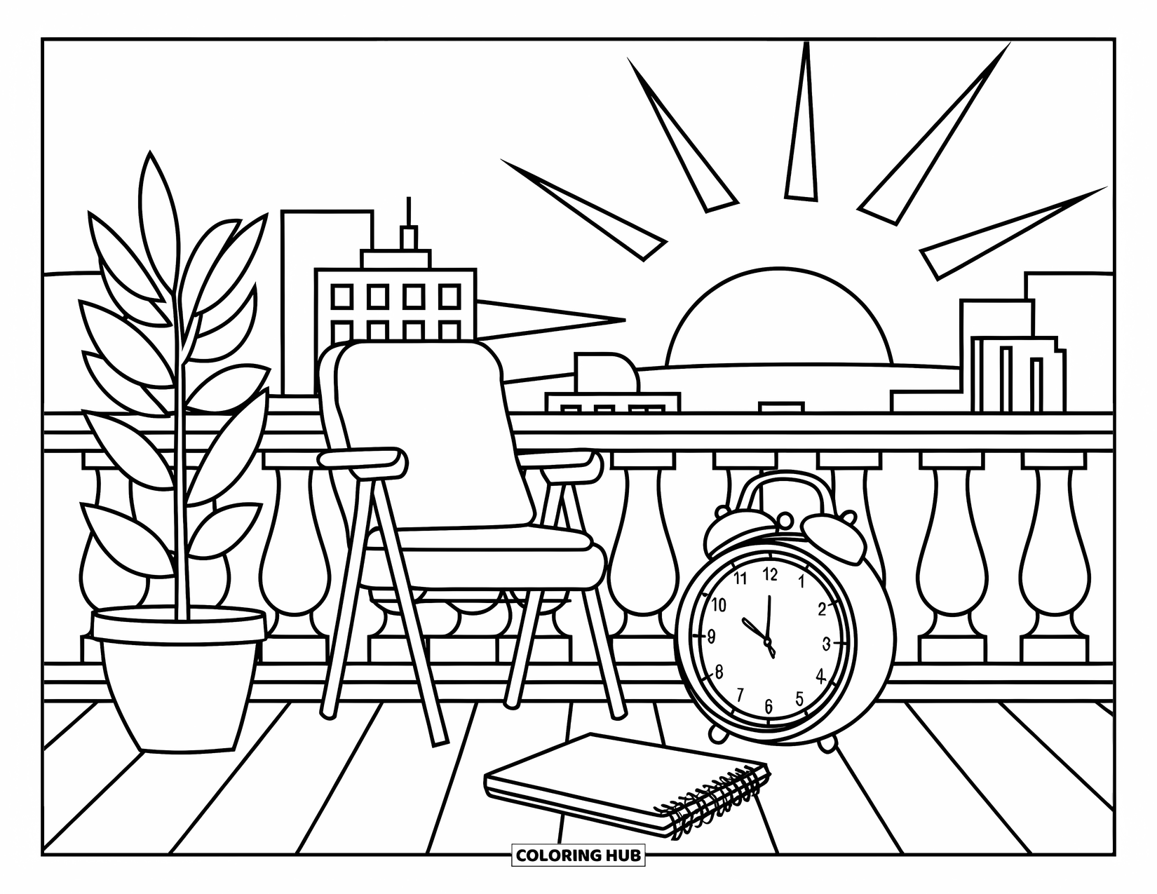 August Coloring Page for Kids: Alarm clock and planner on a balcony during sunrise