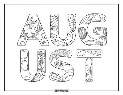 August Coloring Page for Kids: August in bold letters filled with seashells and starfish