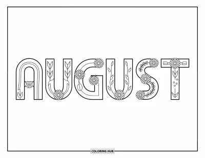 August Coloring Page for Kids: August letters decorated with sunflower petals and leaves