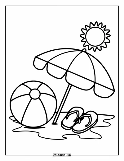 August Coloring Page for Kids: Beach ball and flip-flops under a big sun umbrella