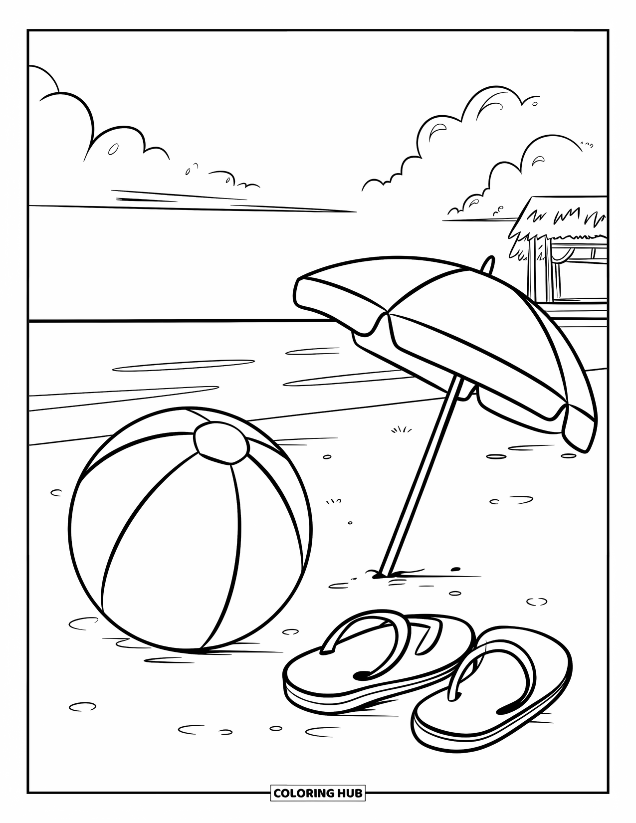 August Coloring Page for Kids: Beach scene with flip-flops, umbrella, and a happy ball