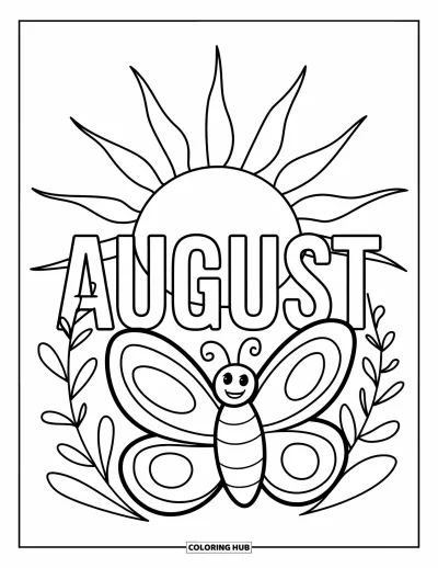 August Coloring Page for Kids: Big August letters with sunbeams and smiling butterfly nearby