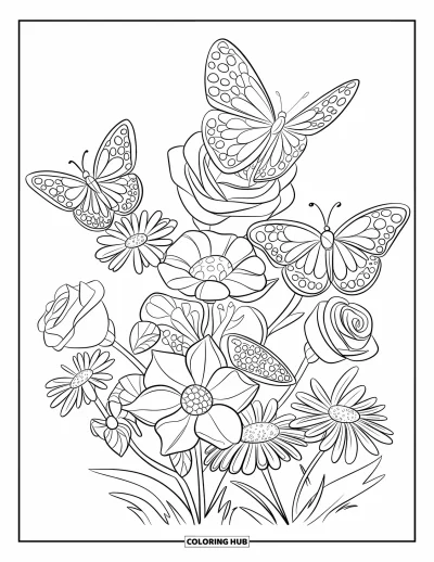 August Coloring Page for Kids: Butterflies and mixed flowers in a calm garden scene