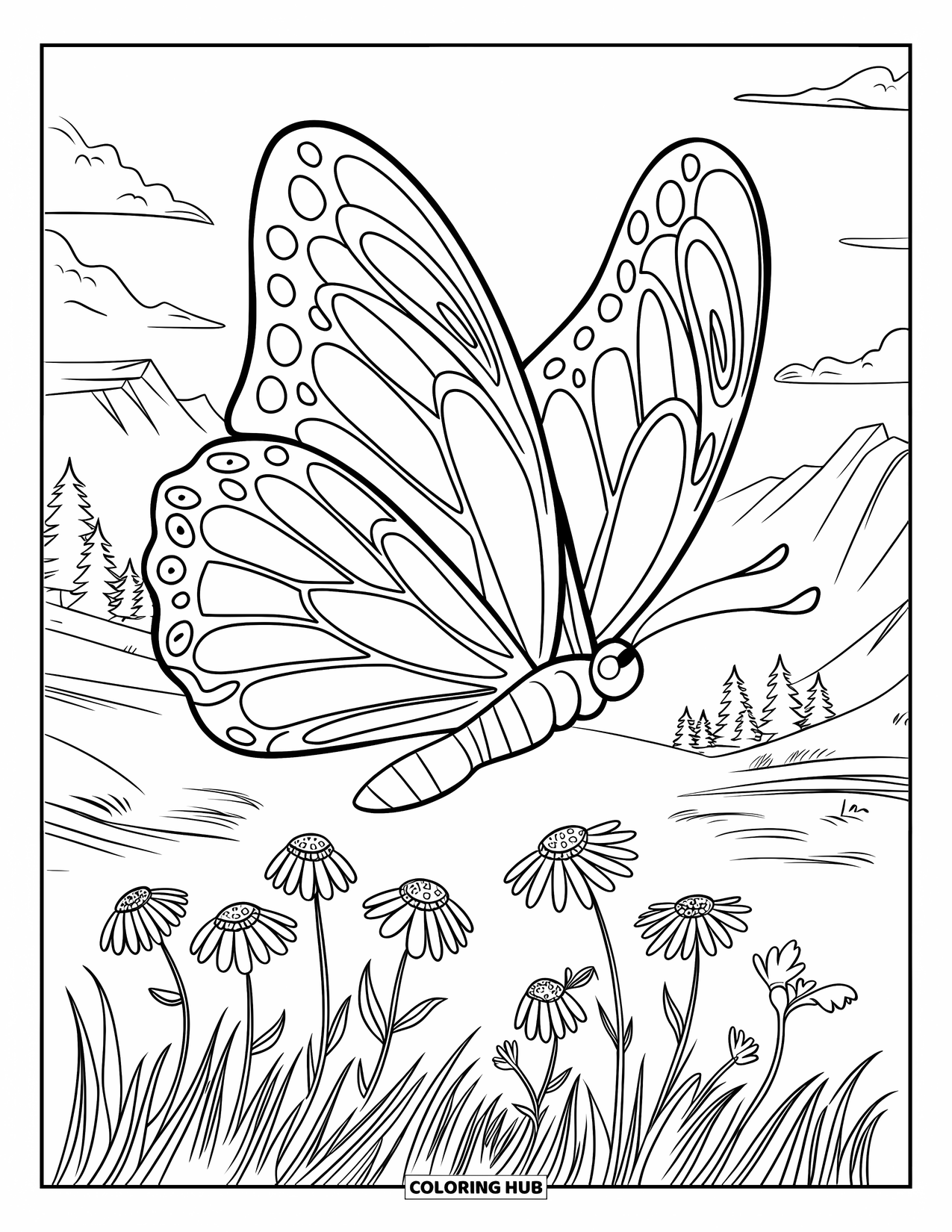 August Coloring Page for Kids: Butterfly and wildflowers with mountains and trees behind