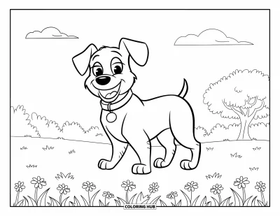 August Coloring Page for Kids: Cheerful dog in a field of flowers with trees and clouds