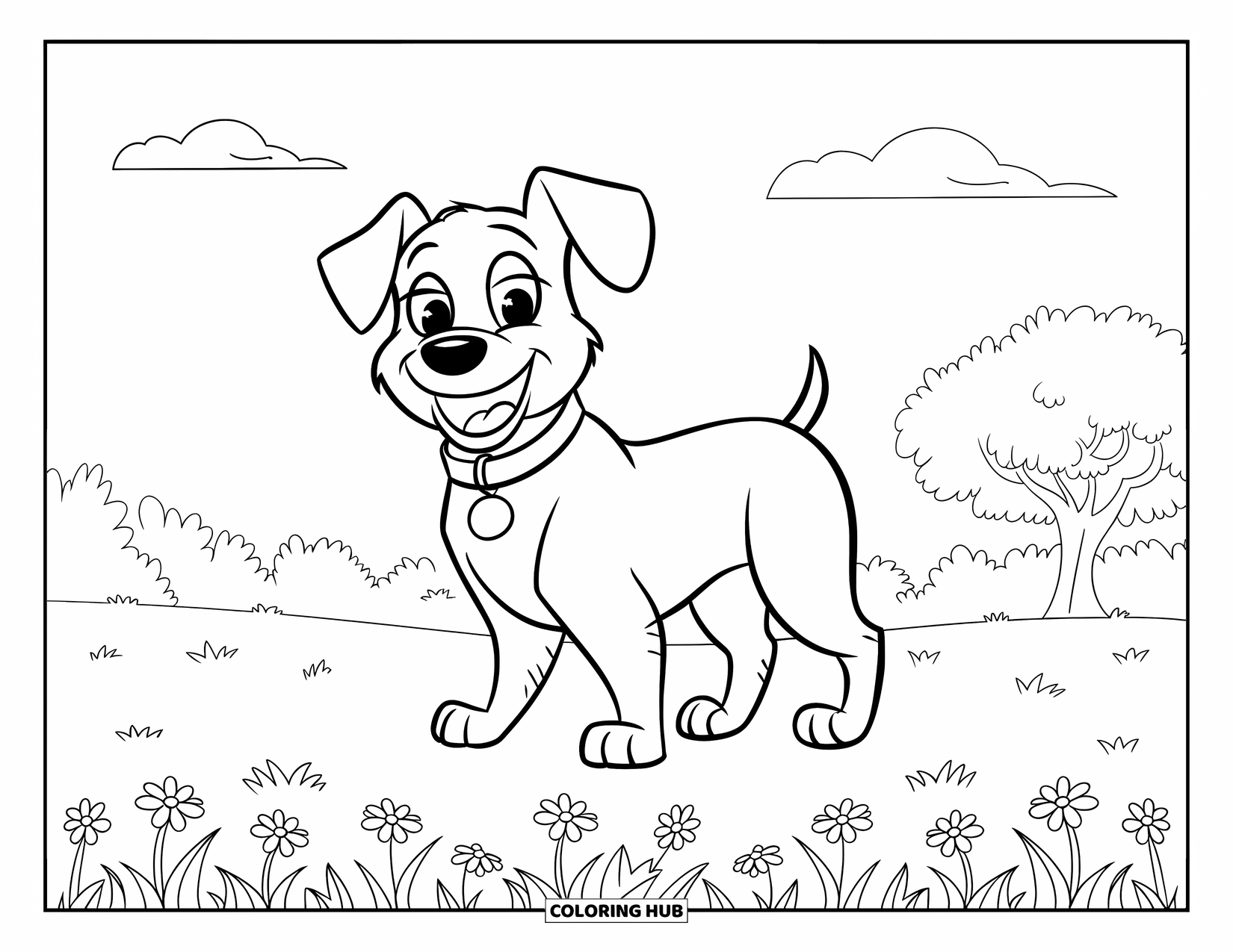 August Coloring Page for Kids: Cheerful dog in a field of flowers with trees and clouds
