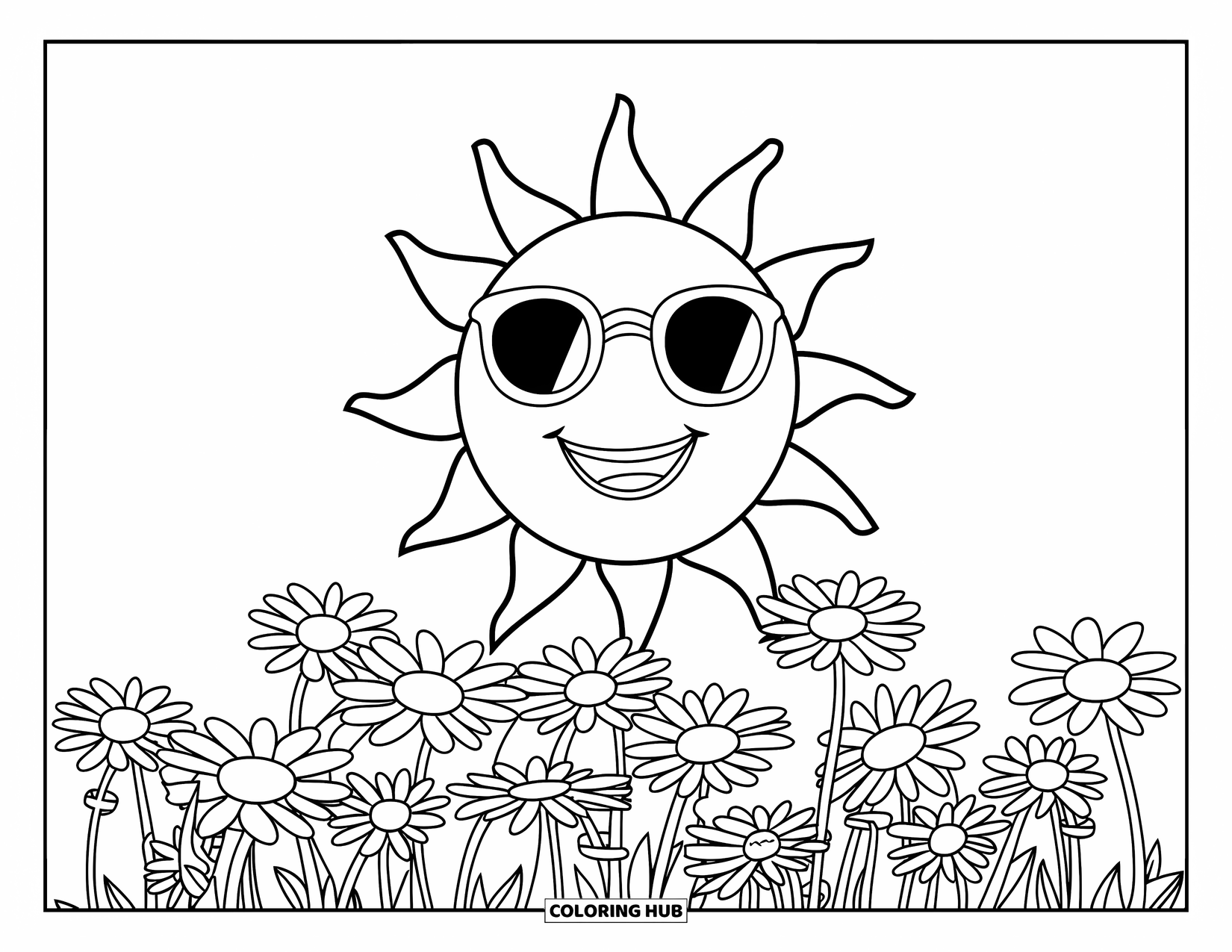 August Coloring Page for Kids: Circular sun with sunglasses above a bright field of daisies