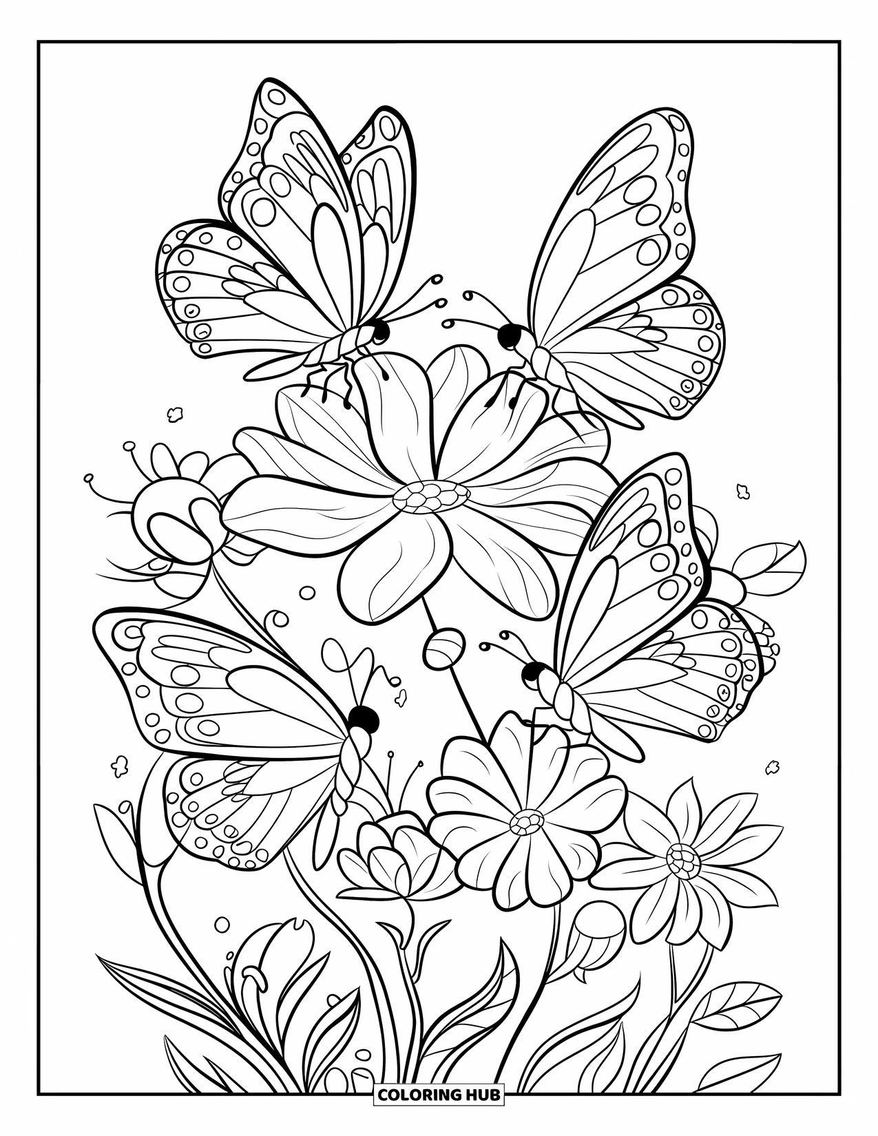 August Coloring Page for Kids: Cluster of flowers with butterflies and bold outlines