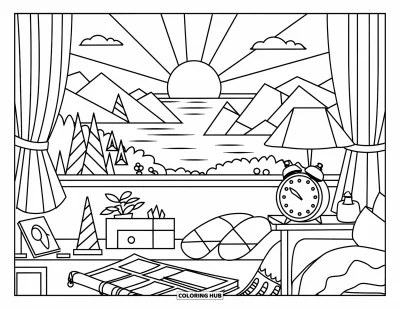 August Coloring Page for Kids: Cozy bedroom with sunrise view and a morning setup