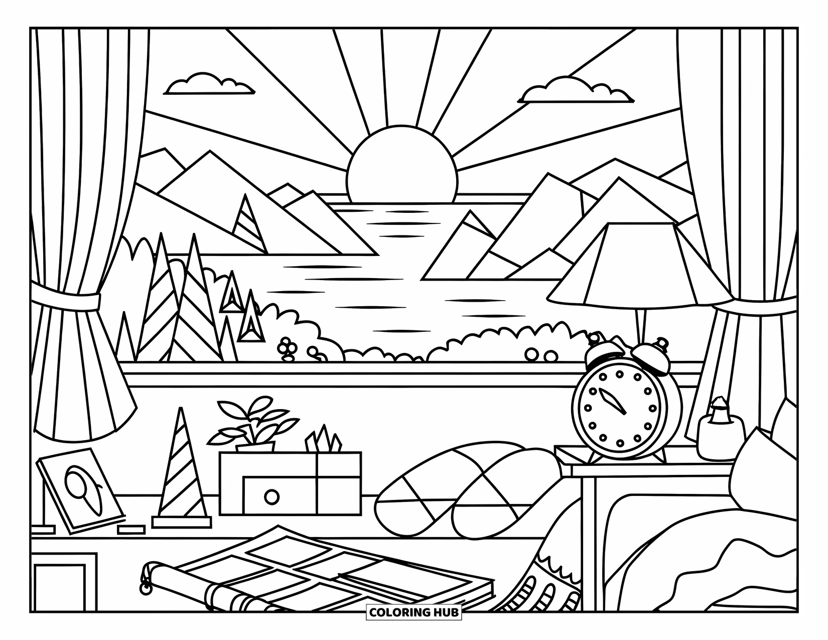 August Coloring Page for Kids: Cozy bedroom with sunrise view and a morning setup