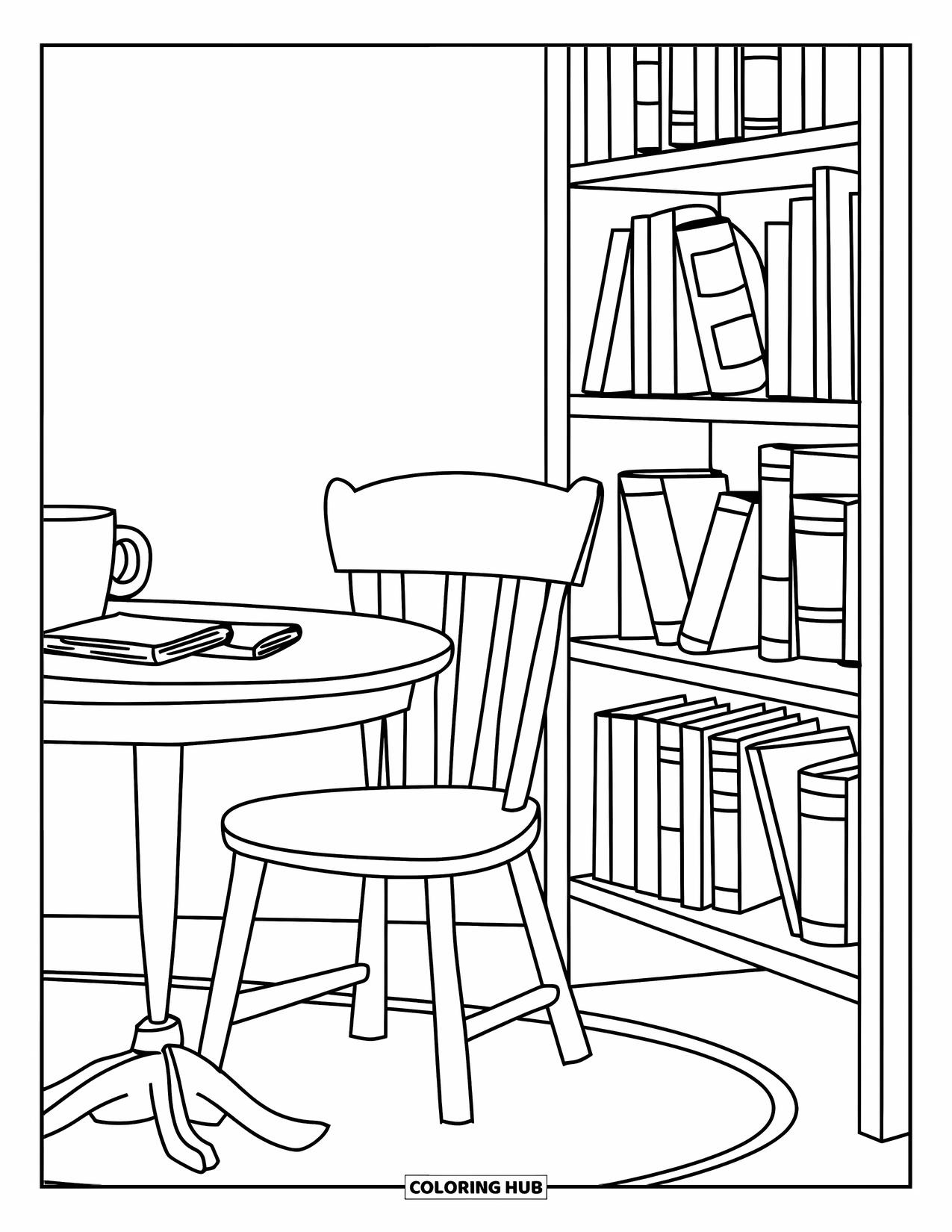August Coloring Page for Kids: Cozy study corner with a chair, bookshelf, and a mug on the table