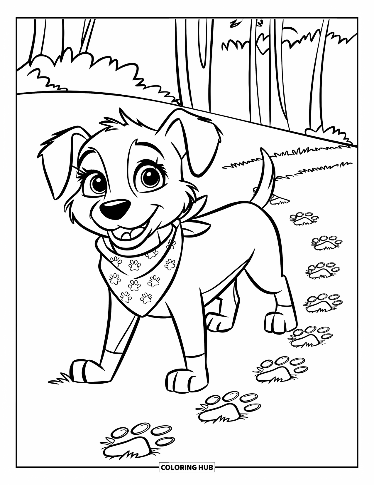 August Coloring Page for Kids: Dog in a bandana standing on grass with paw prints