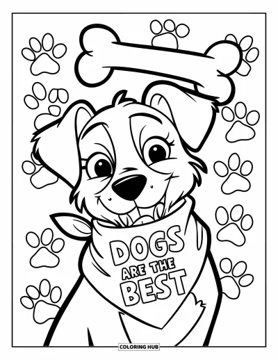 August Coloring Page for Kids: Dog wearing bandana near paw prints and a bone