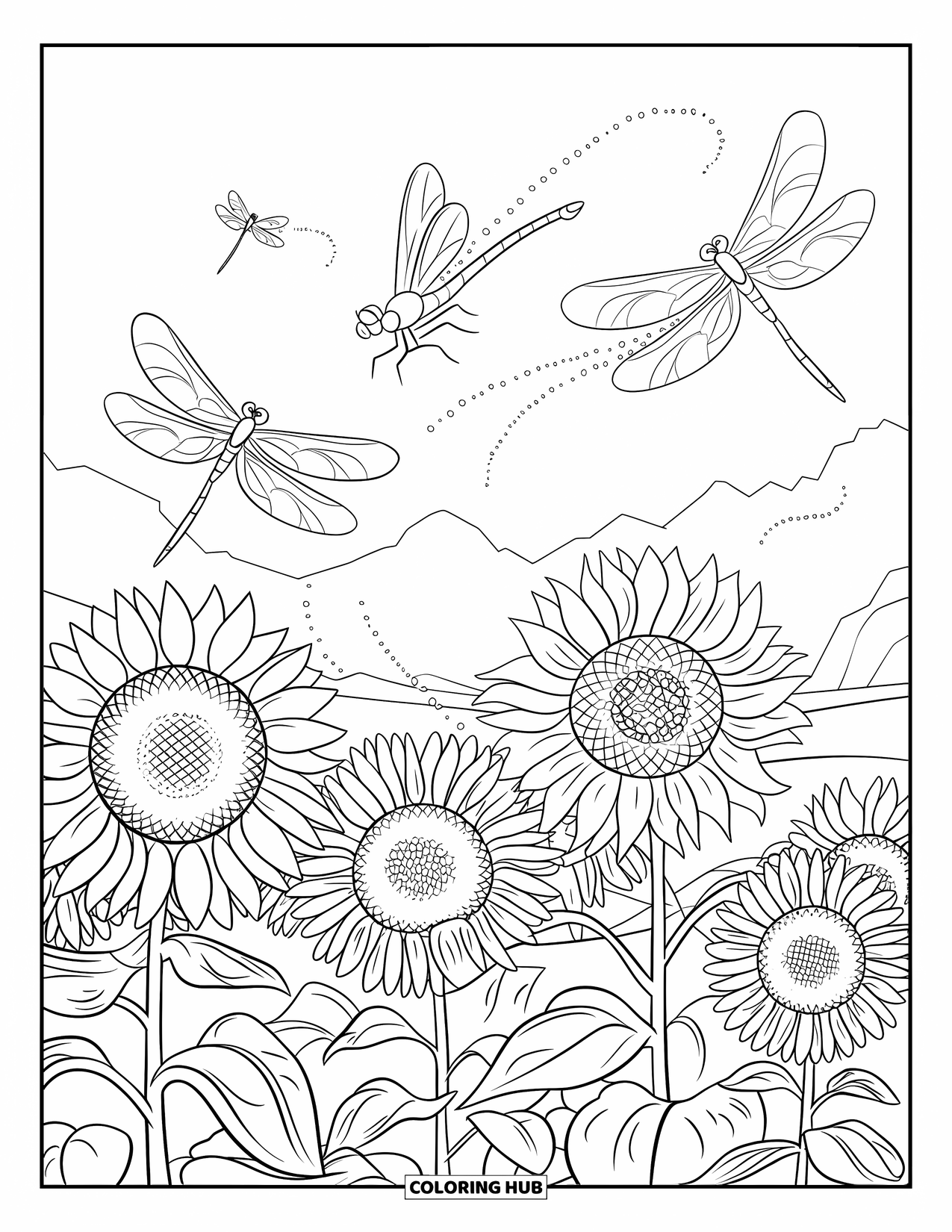 August Coloring Page for Kids: Dragonflies above a sunflower field near distant mountains